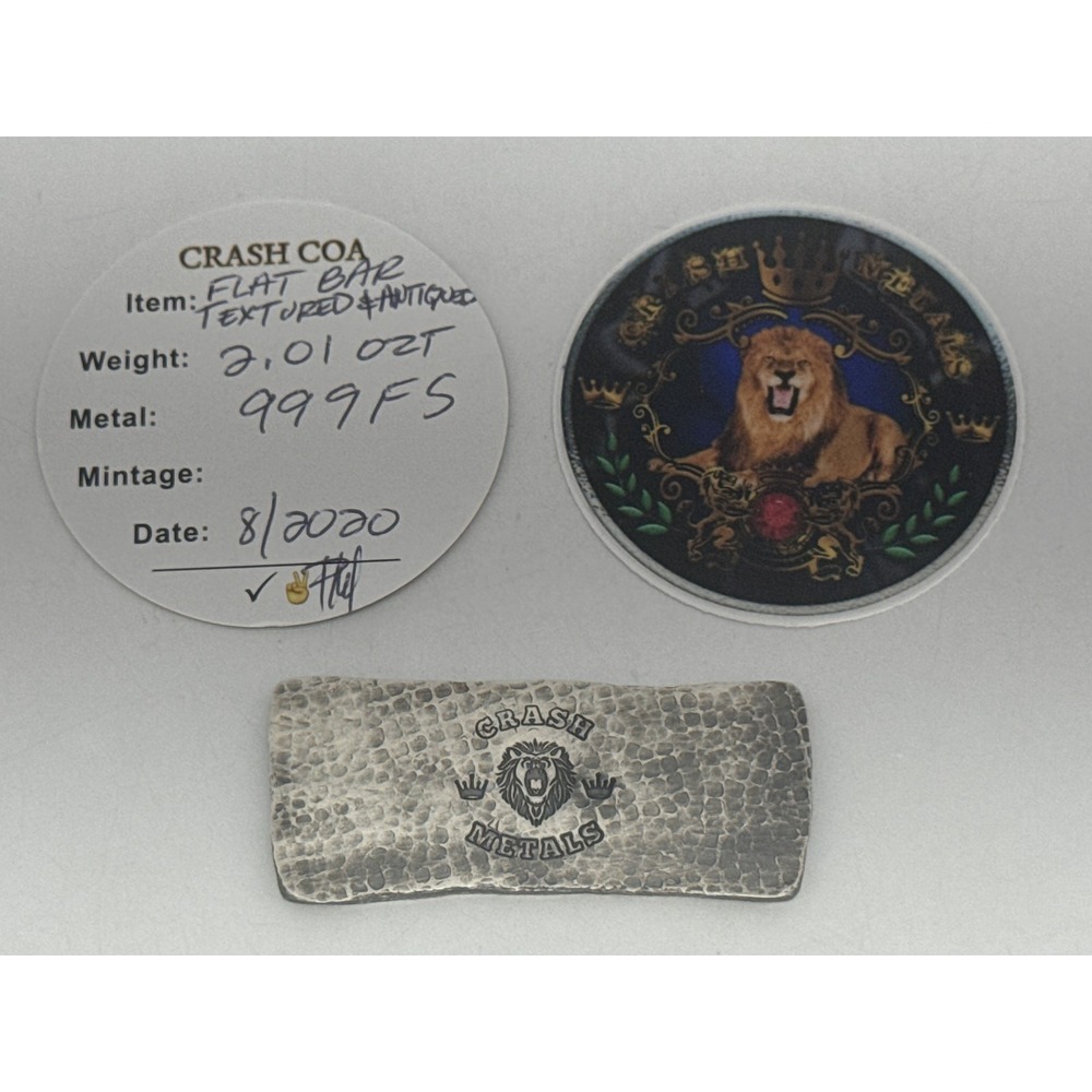 CRASH METALS Lion Textured Antique Flat Bar 2.01oz .999 Fine Silver Pattern